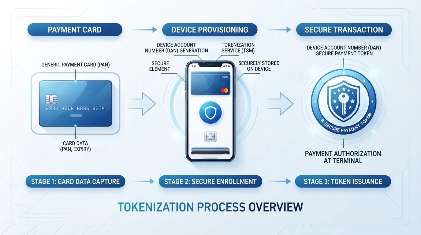 Diagram showing Apple Pay tokenization process with Device Account Number replacing card details