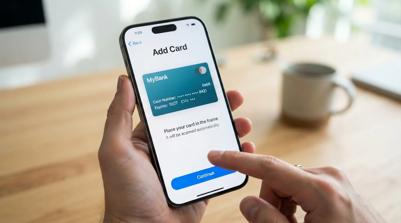 Close-up of Apple Wallet app showing debit card setup for casino deposits