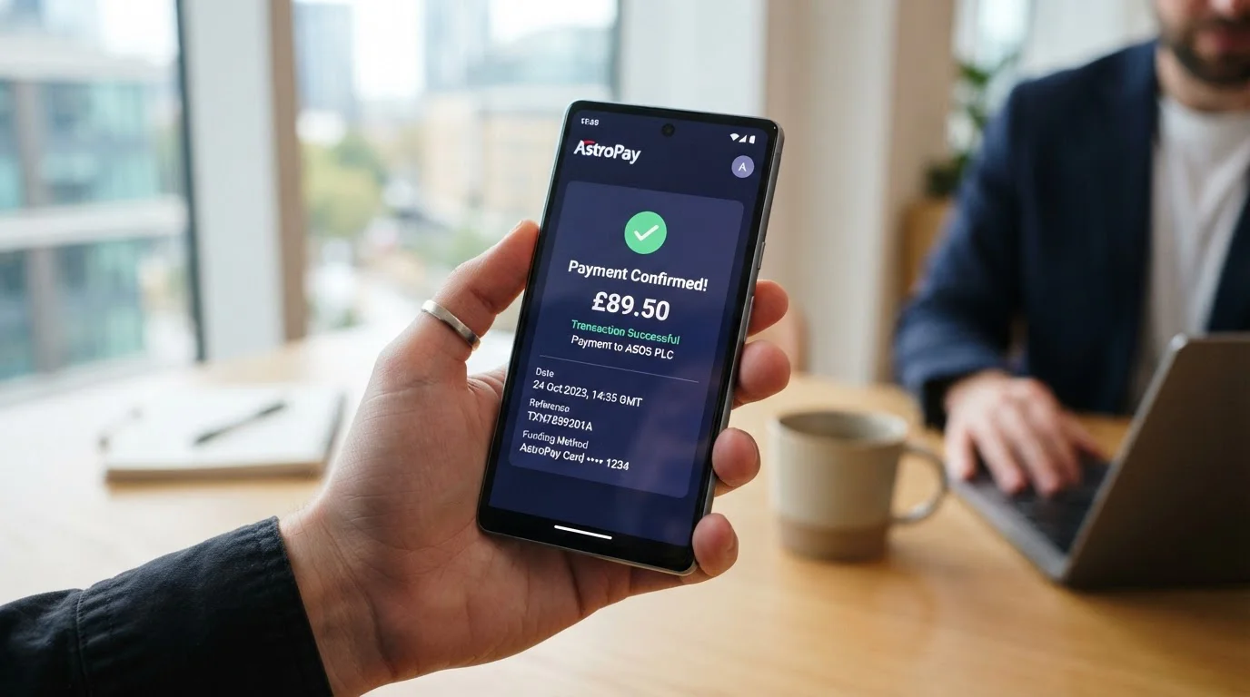 Mobile phone showing AstroPay wallet interface with deposit confirmation