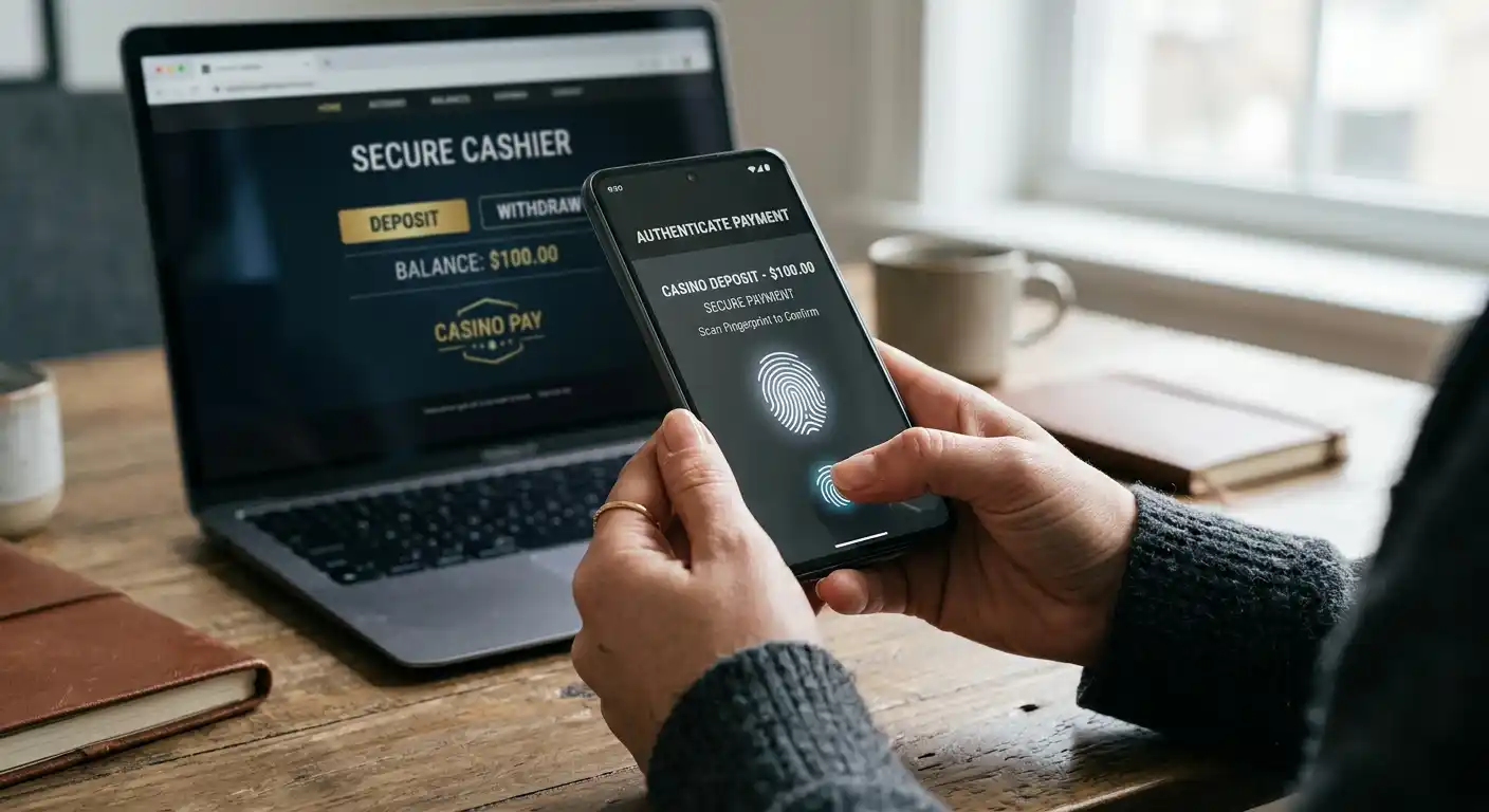 Person using smartphone fingerprint authentication with laptop casino cashier in background