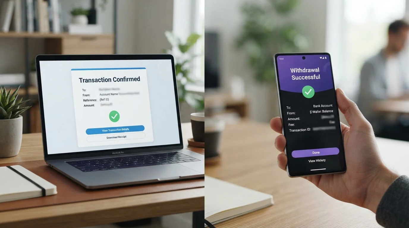 Bank transfer confirmation screen and e-wallet app interface showing withdrawal processing