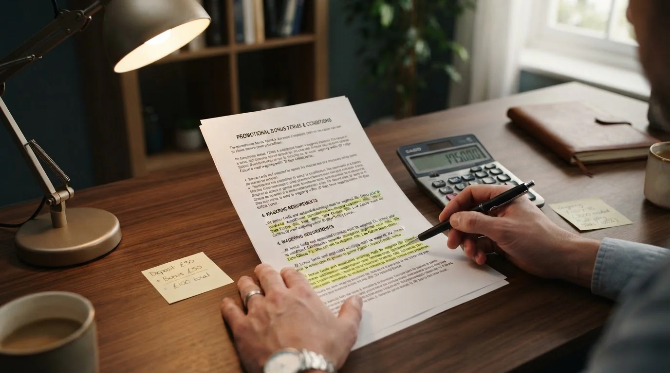Casino bonus terms document with cryptocurrency symbols and percentage calculations