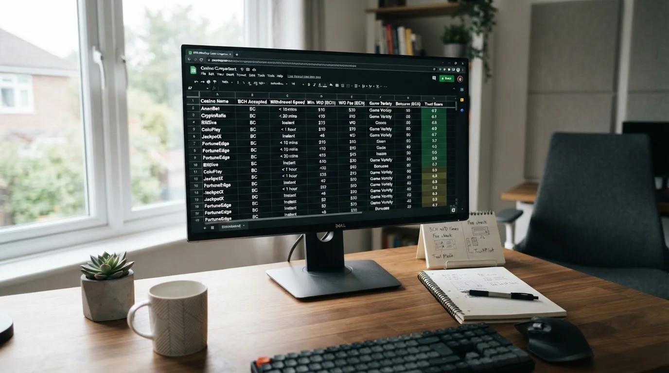 Comparison table on desktop screen showing cryptocurrency casino withdrawal speeds and fees