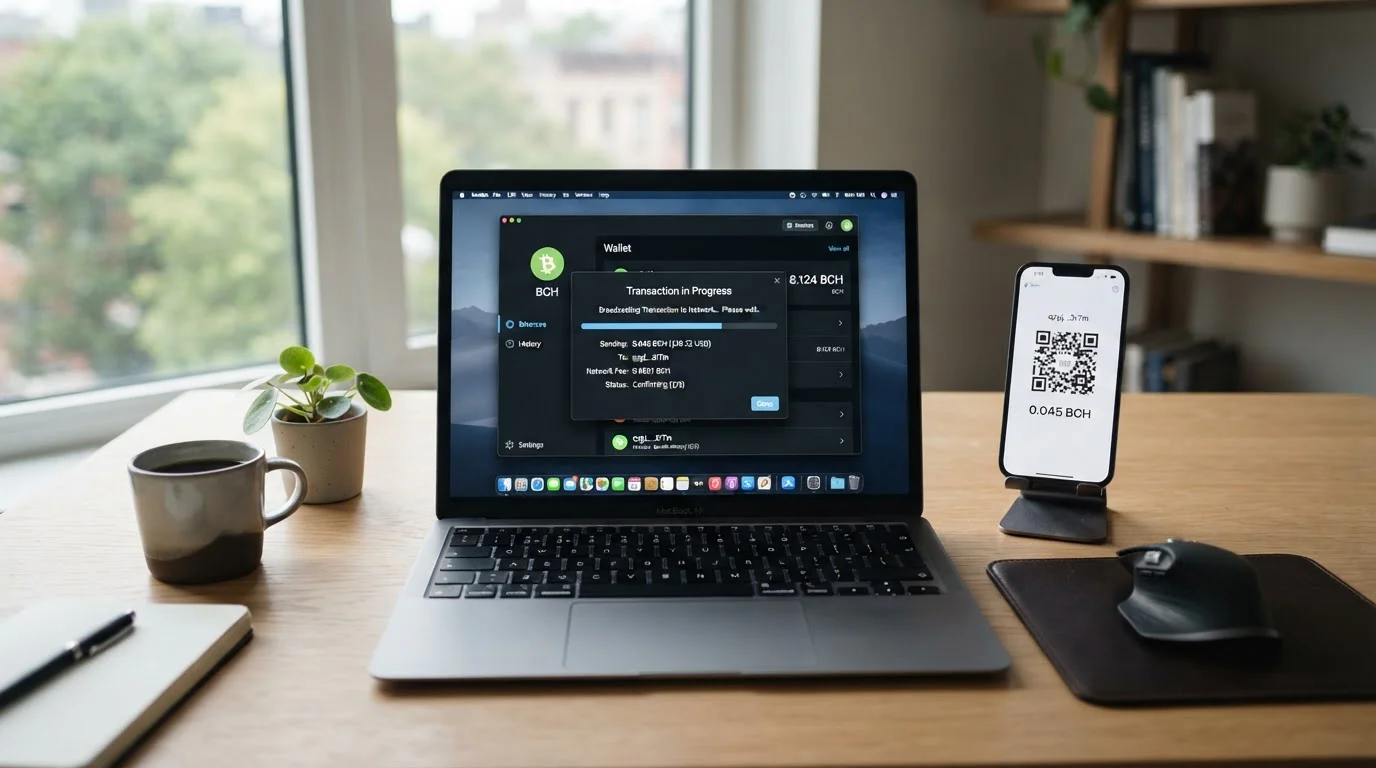 Laptop showing cryptocurrency wallet interface with BCH transaction in progress