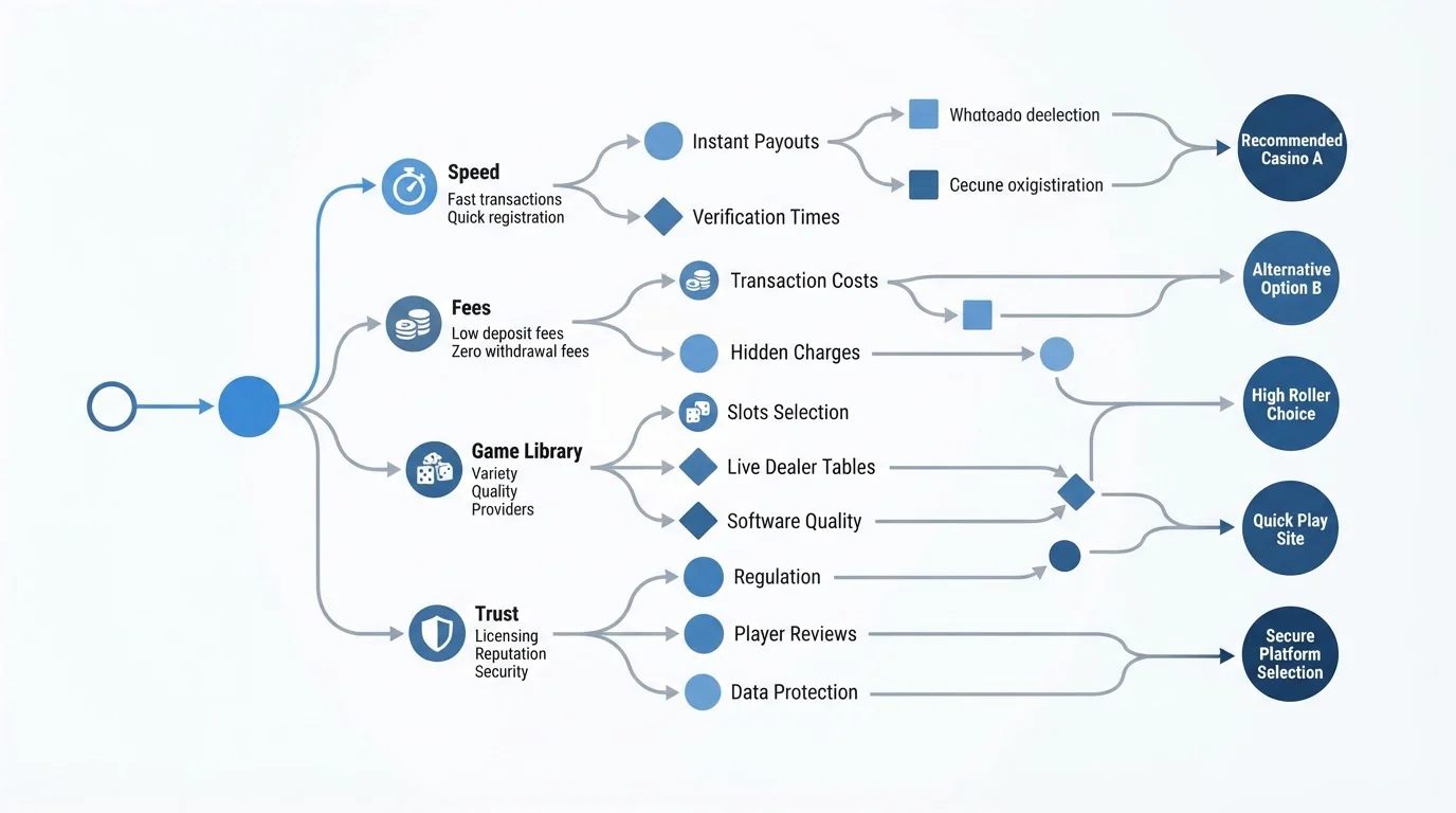 Decision tree flowchart showing casino selection criteria by player priority