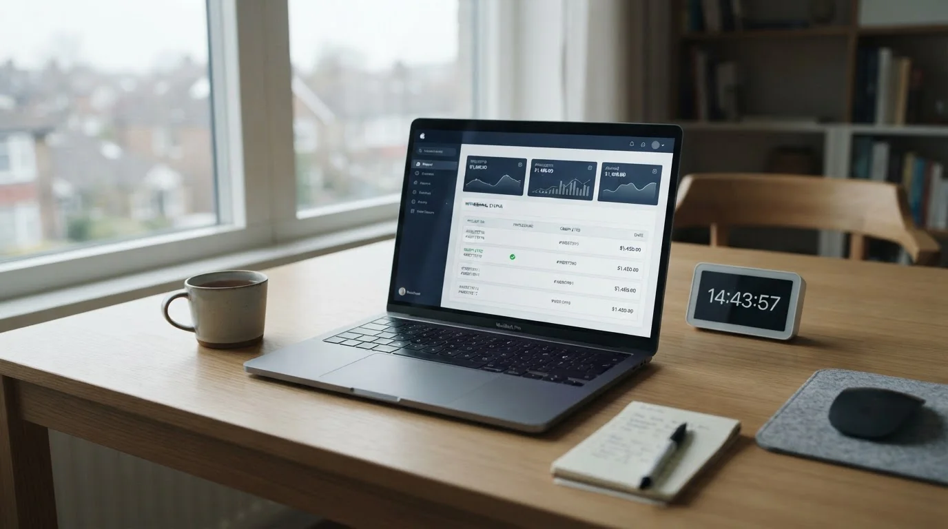 Modern laptop displaying casino payout dashboard with clock showing fast withdrawal times