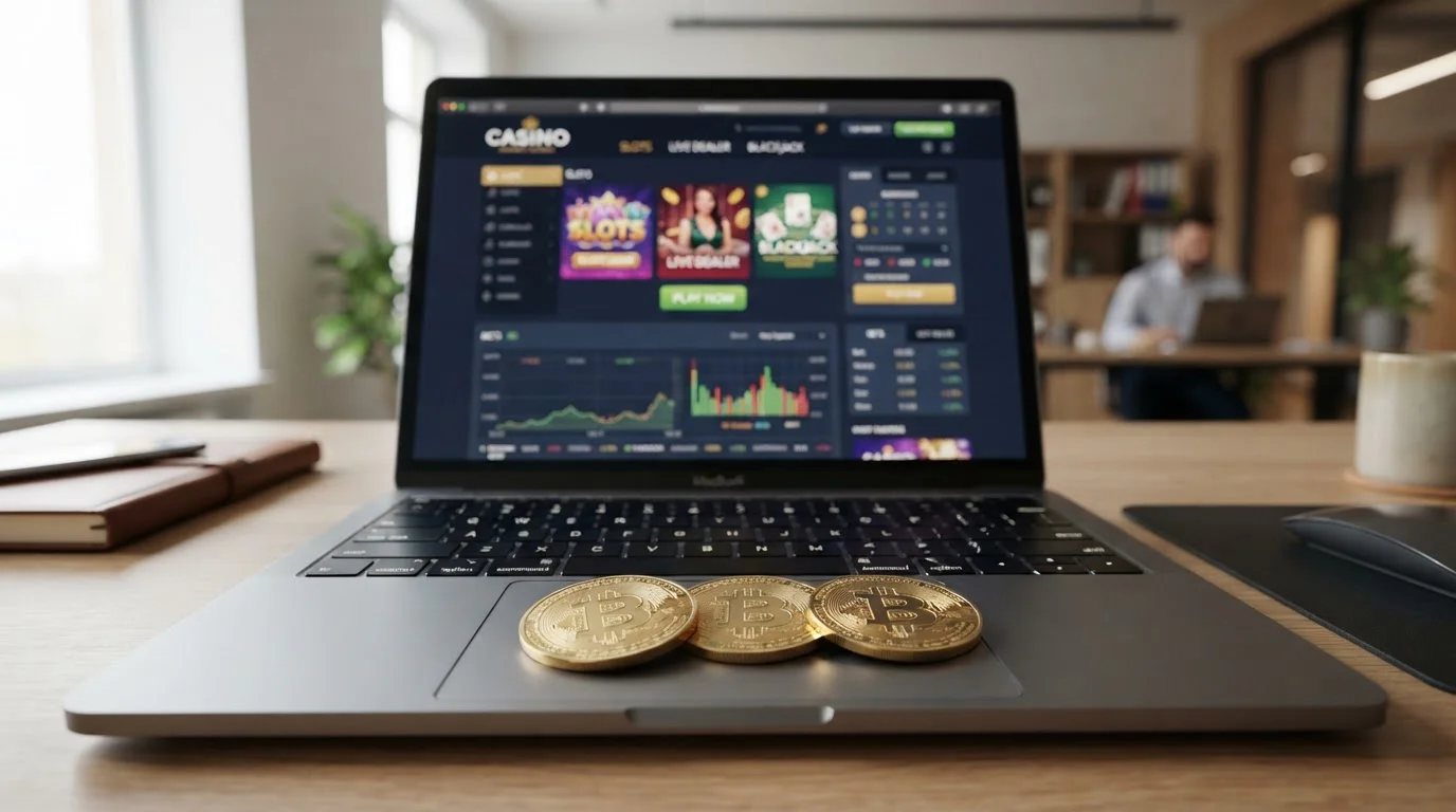 Bitcoin Cash cryptocurrency tokens on laptop keyboard with casino interface in background