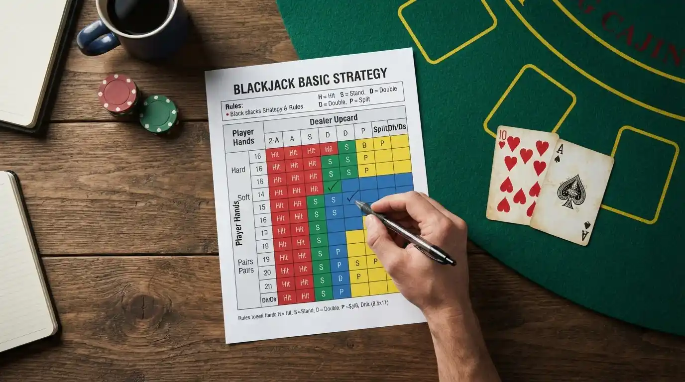 Blackjack basic strategy chart showing optimal play decisions