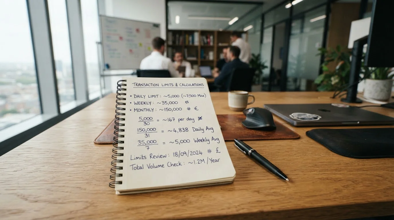 Notepad with handwritten transaction limit calculations and pen on desk