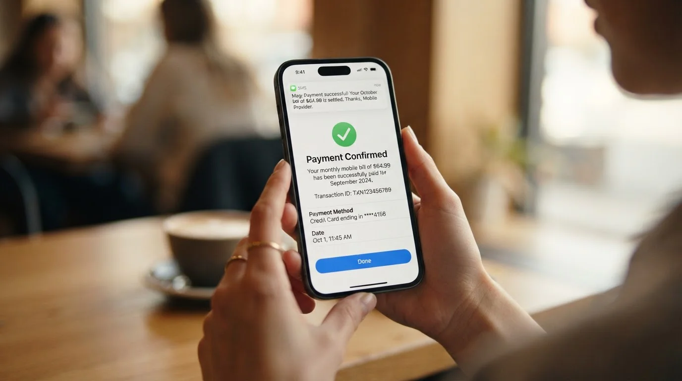 Close-up of smartphone showing mobile phone bill payment confirmation screen with casino deposit notification