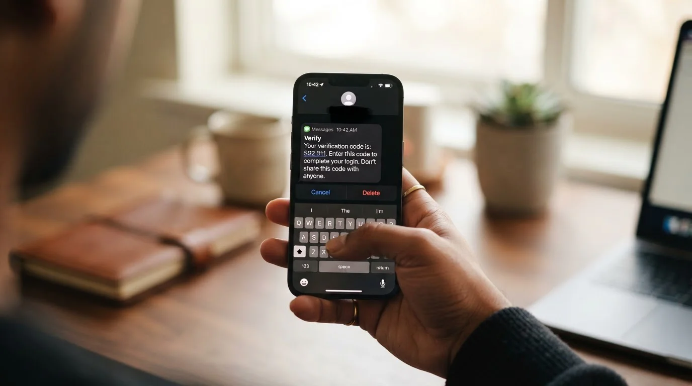 Person holding smartphone receiving SMS confirmation code for casino deposit