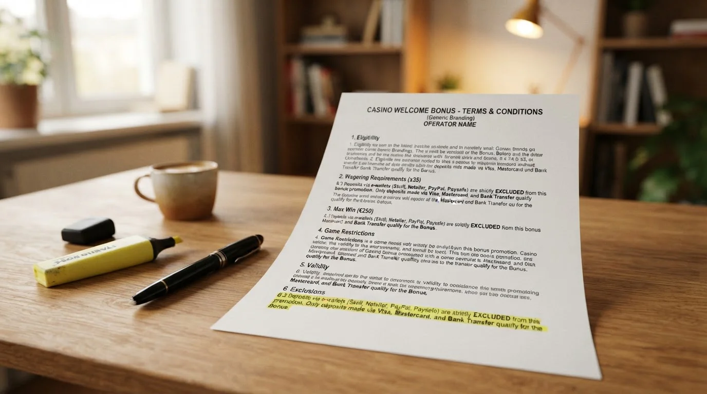 Printed casino bonus terms document with a highlighter marking e-wallet exclusion clause