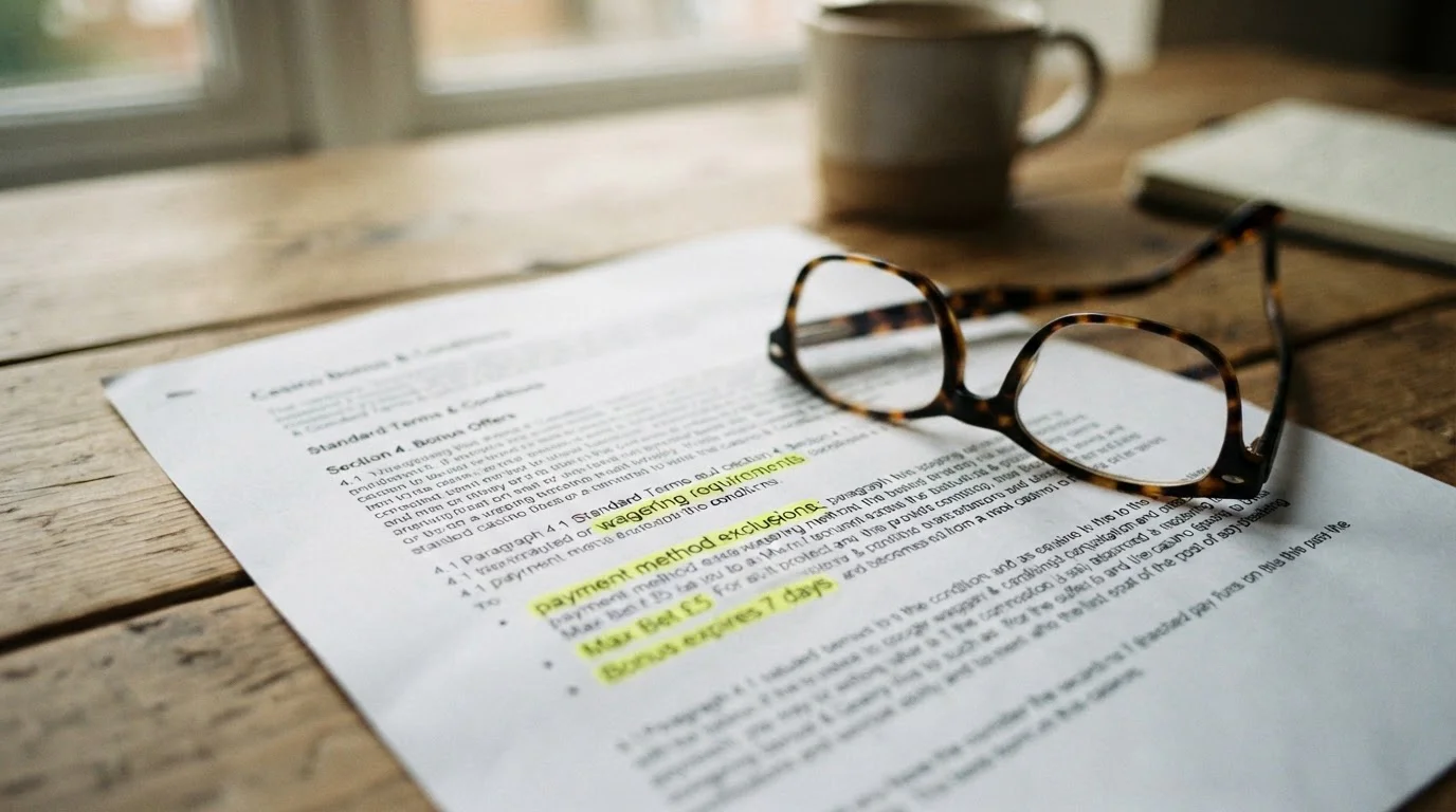 Casino bonus terms document with key clauses highlighted