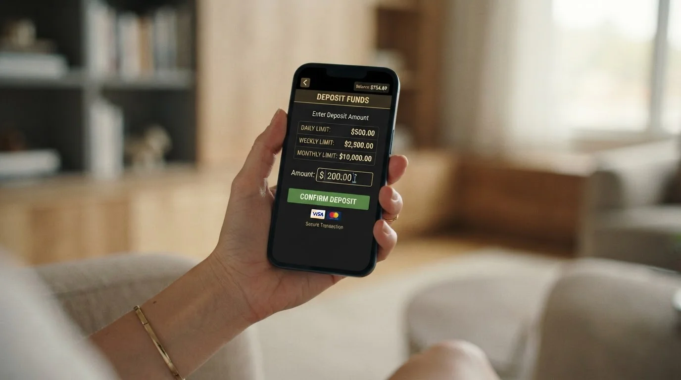 Mobile phone showing casino deposit screen with minimum and maximum limits