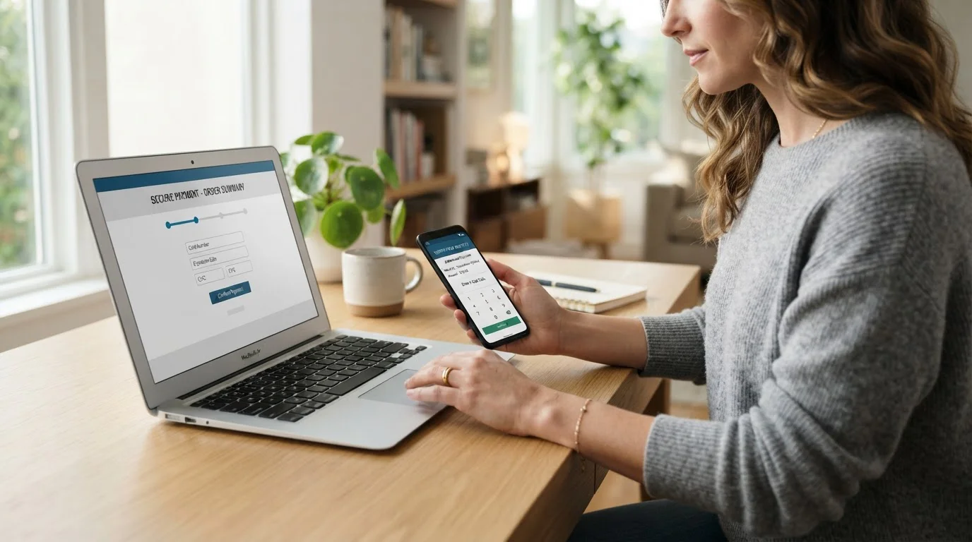 Person at laptop completing secure online payment with two-factor authentication