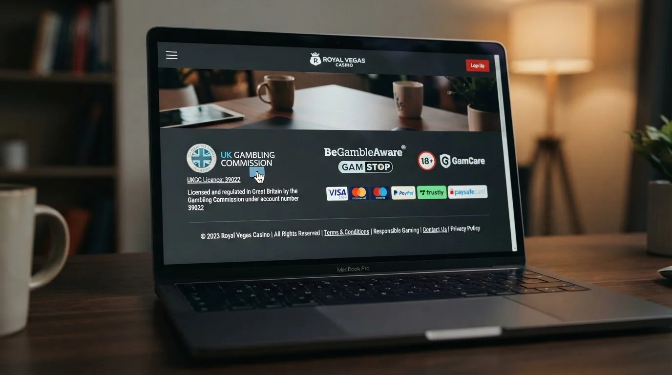 Close-up of casino website footer showing UKGC licence number and validator seal