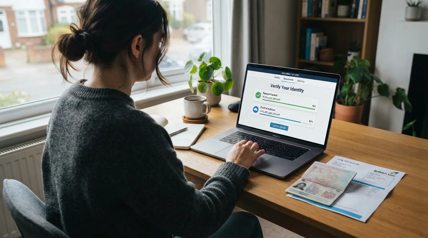 Person at desk uploading passport and utility bill documents via casino verification portal