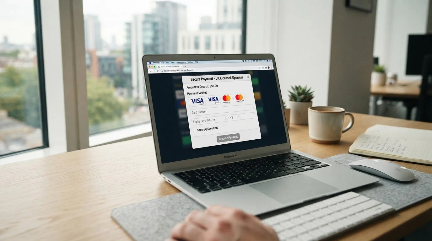 Modern laptop showing UK casino payment interface with Visa and Mastercard debit card options