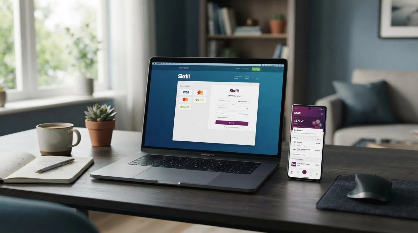 Modern desk with laptop showing casino payment interface and Skrill logo on screen
