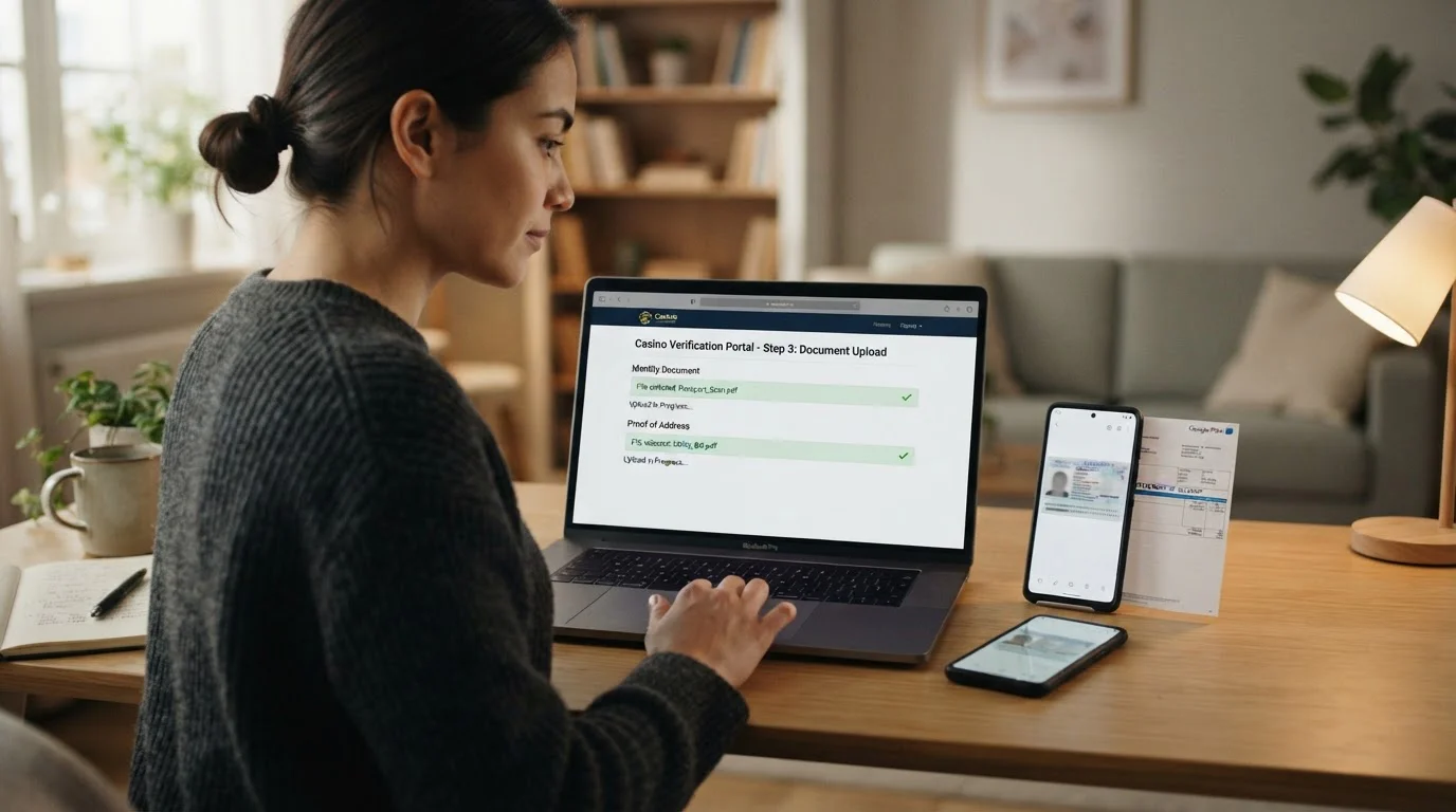 Person at desk uploading passport photo and utility bill to casino verification portal on laptop