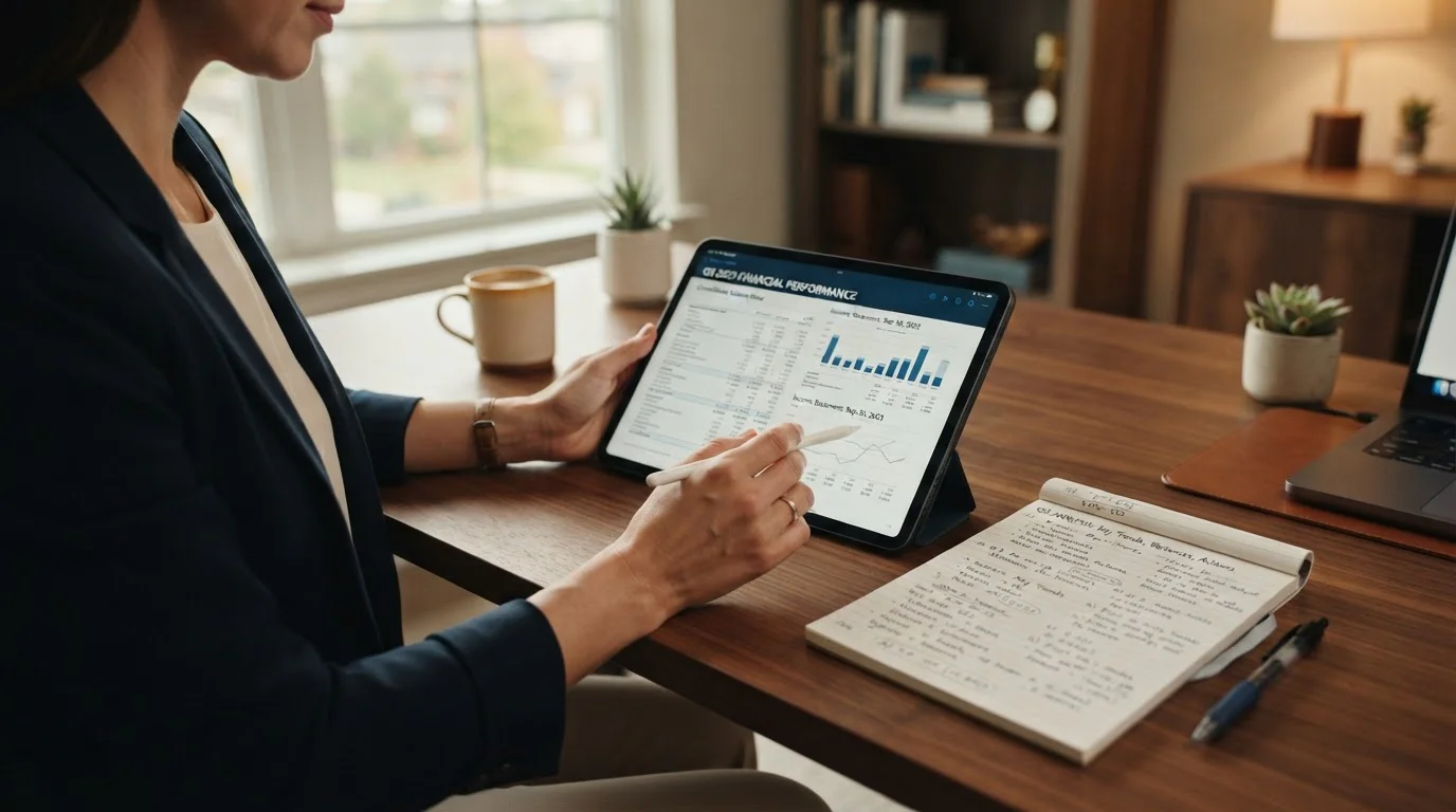 Person reviewing financial statement on tablet with notepad showing handwritten notes