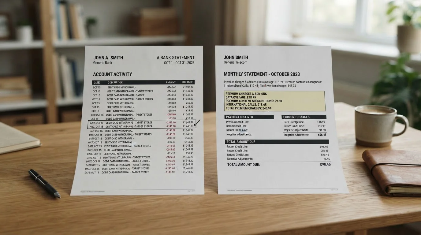 Bank statement showing successful debit card withdrawal alongside phone bill with no return credit line