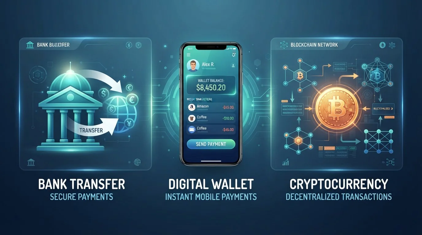 Digital illustration of bank transfer, e-wallet, and cryptocurrency withdrawal methods for online casino players