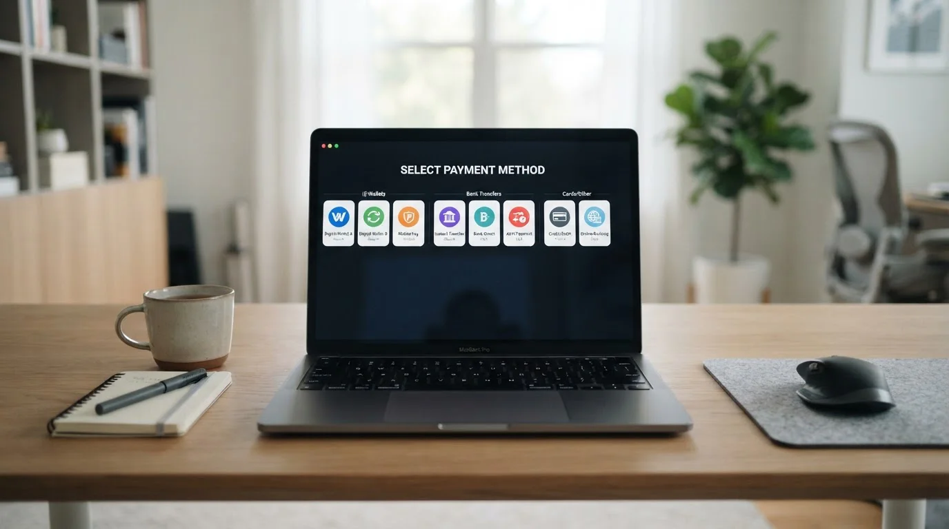 Laptop screen showing multiple payment method icons for casino withdrawals