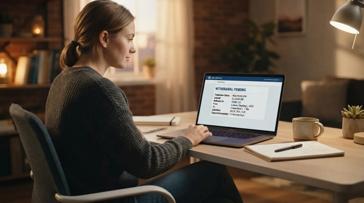 Person at laptop reviewing withdrawal request with pending status notification visible on screen