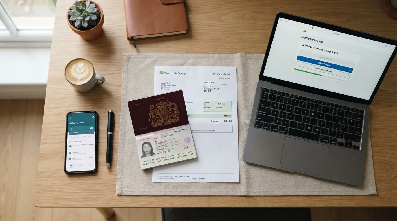 Document verification setup showing passport, utility bill, and debit card photo on desk with laptop