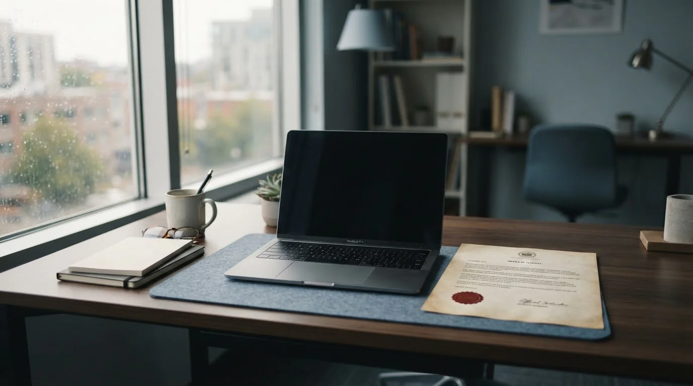 Desk with closed laptop and a printed document showing a dated 2016 closure notice