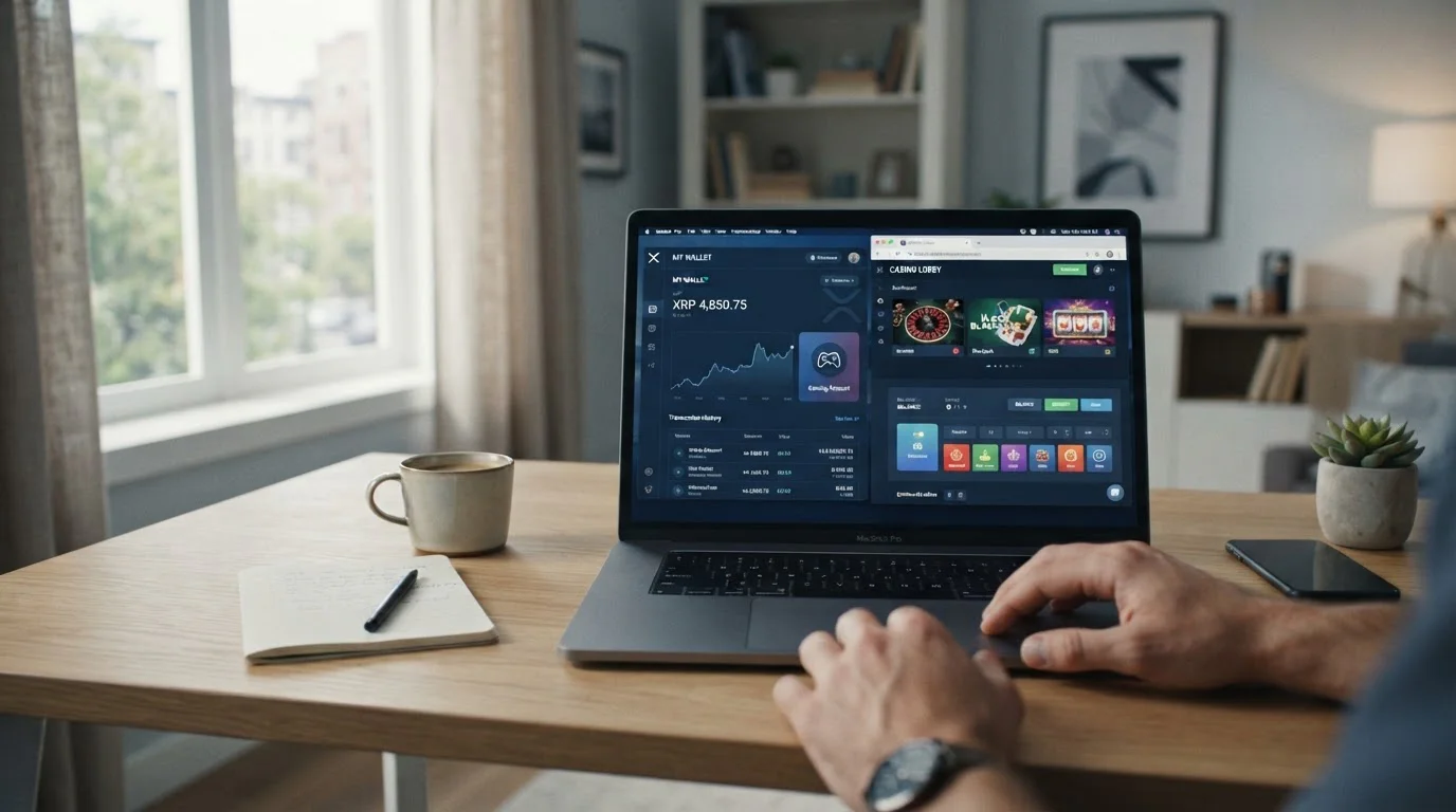 Laptop displaying cryptocurrency wallet with XRP tokens and casino platform interface