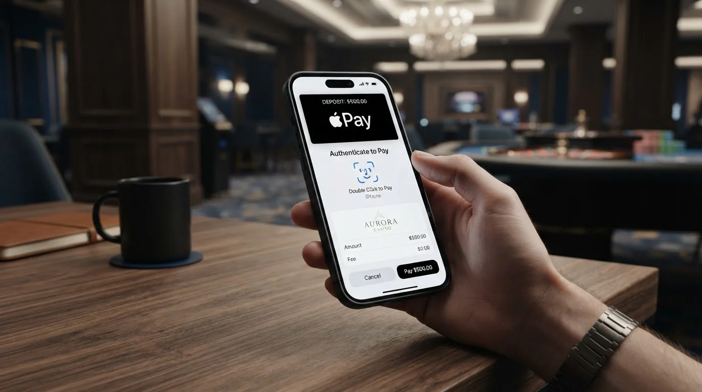 iPhone displaying Apple Pay casino deposit confirmation screen with biometric authentication