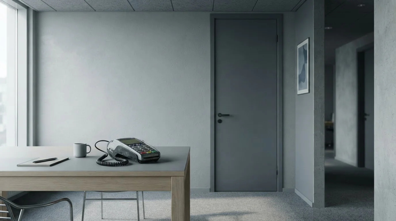 Closed office door with vintage e-wallet payment terminal abandoned on desk