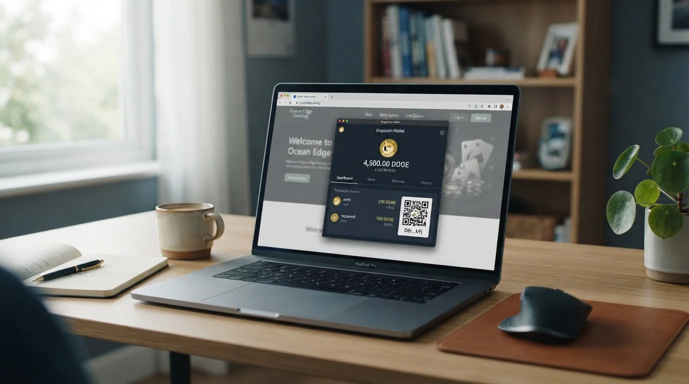 Offshore crypto casino workspace with Dogecoin wallet on laptop screen