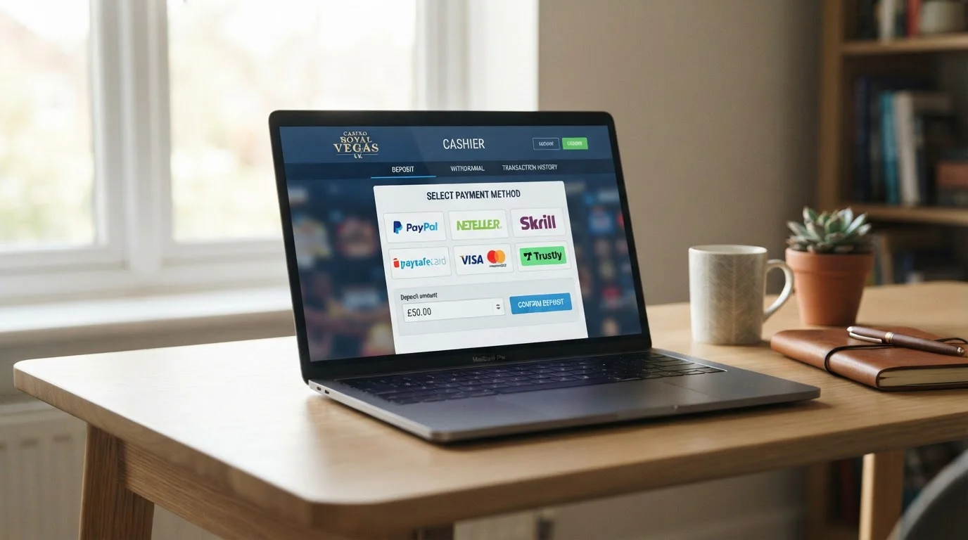 UK online casino cashier displaying e-wallet payment options including PayPal and Neteller