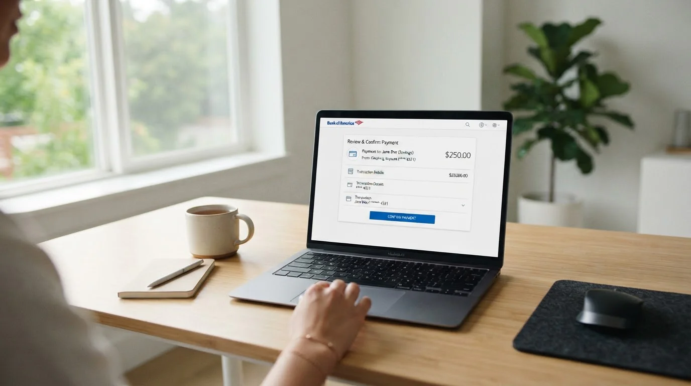 Laptop on desk showing online banking interface with instant payment options