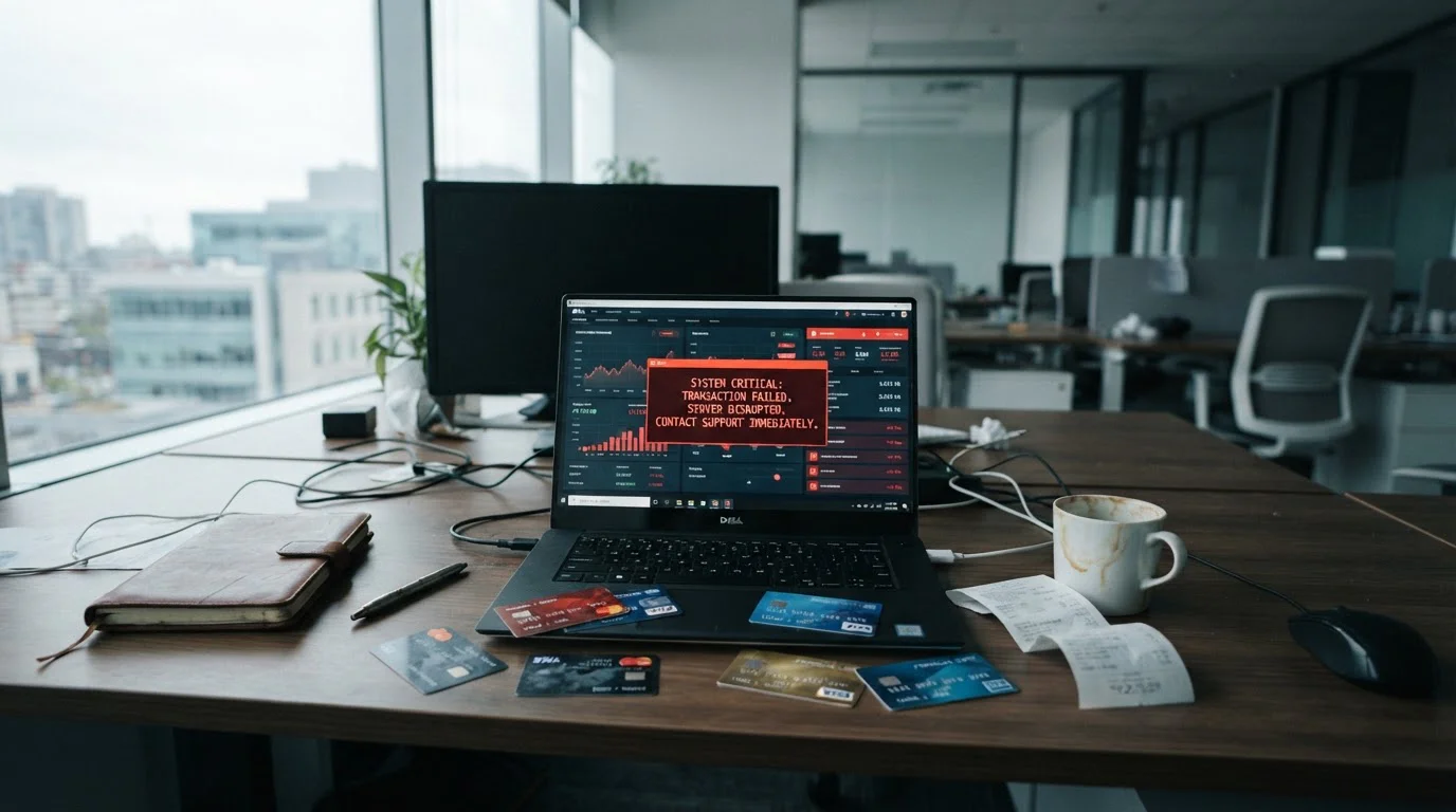 Empty office desk with scattered payment cards and frozen laptop screen