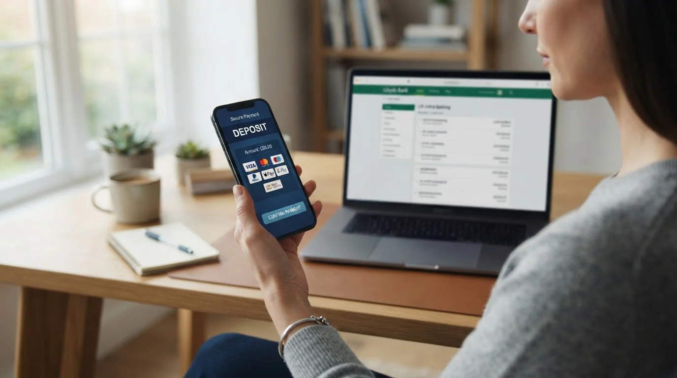 Modern smartphone showing mobile casino payment options on screen with UK banking app interface