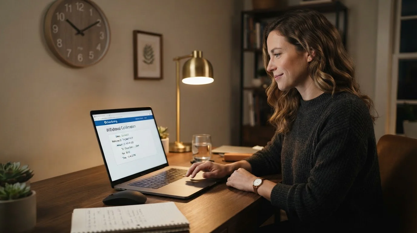 Person at laptop reviewing casino withdrawal confirmation screen with clock showing fast processing
