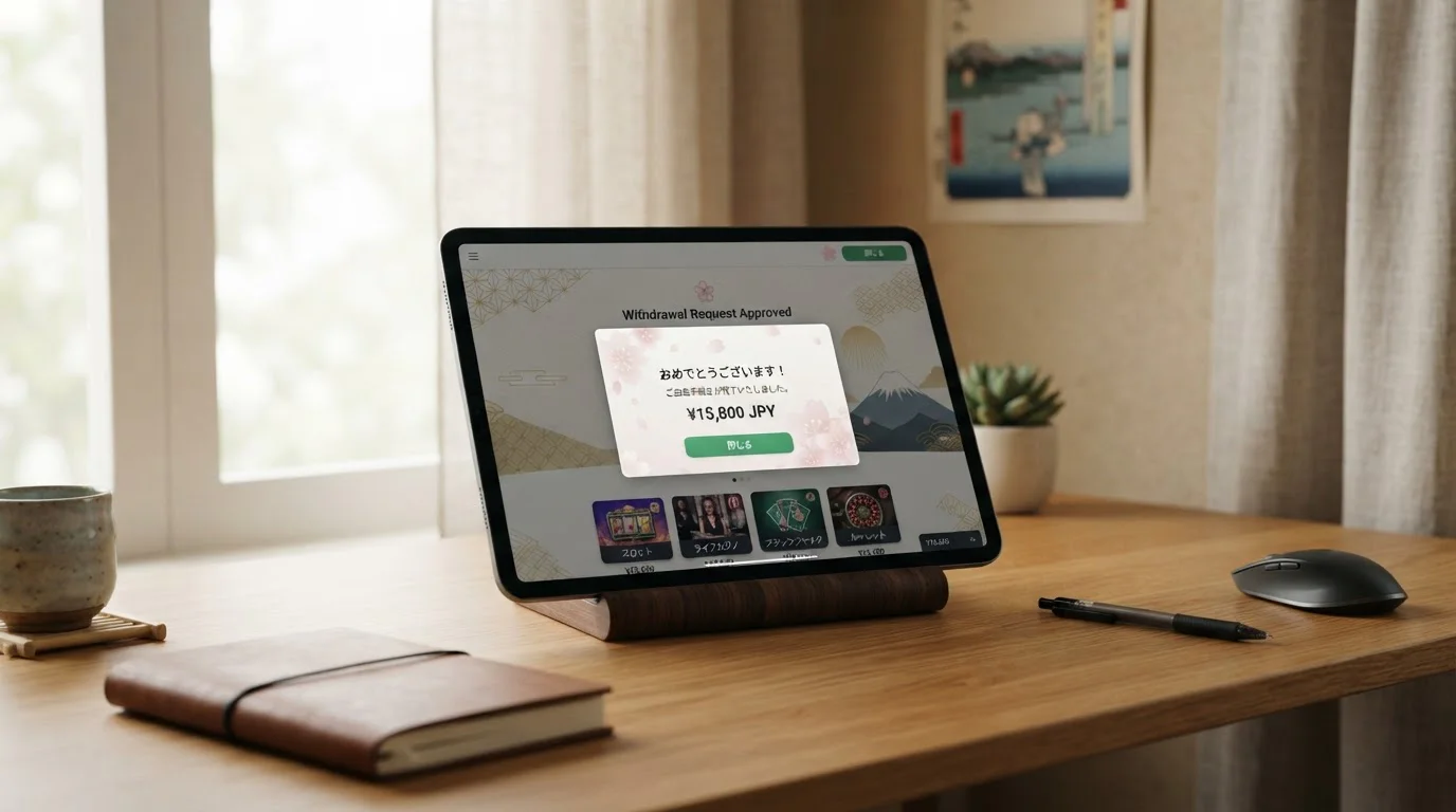 Japanese-themed casino interface on tablet with instant withdrawal notification