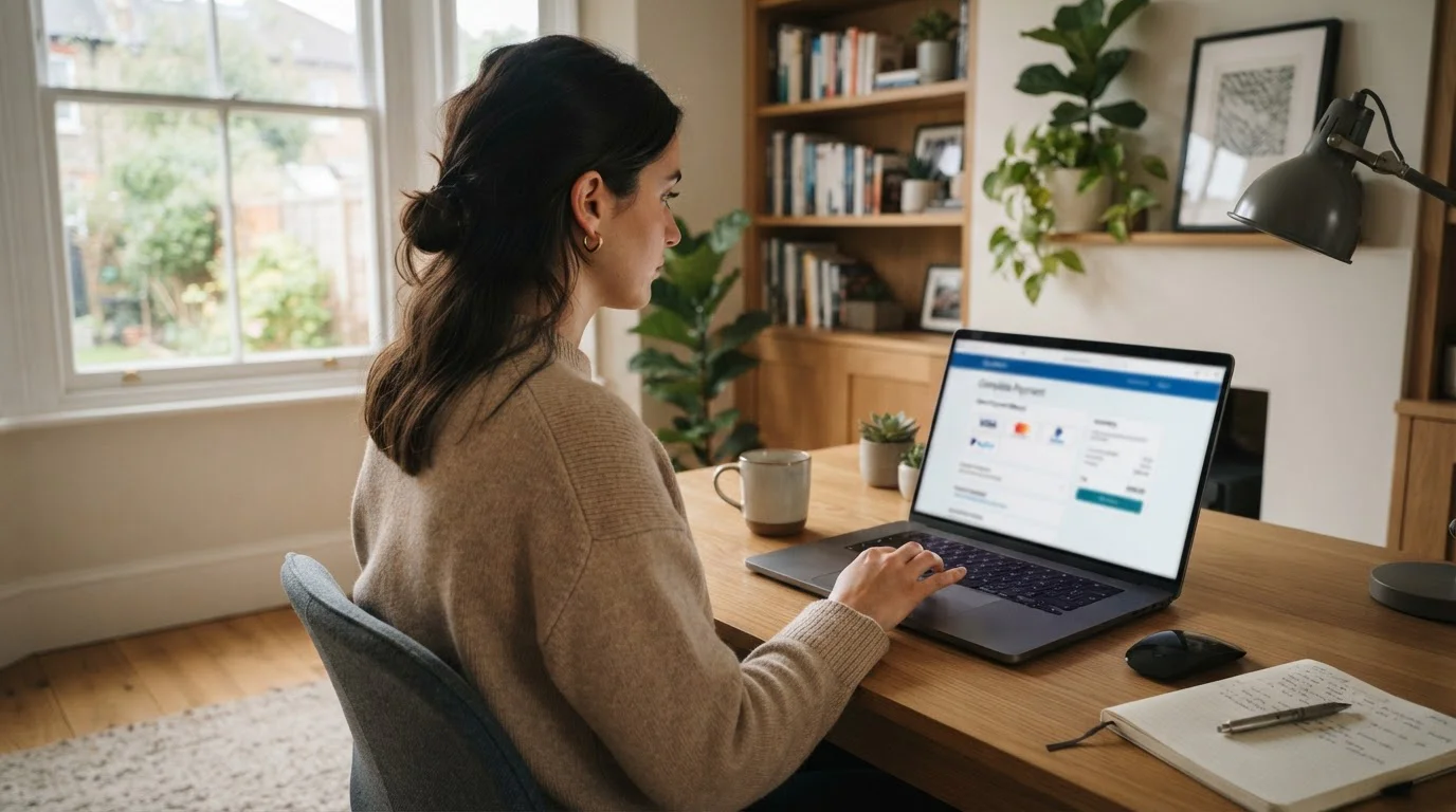 Person reviewing casino payment options on laptop with focus on security and speed