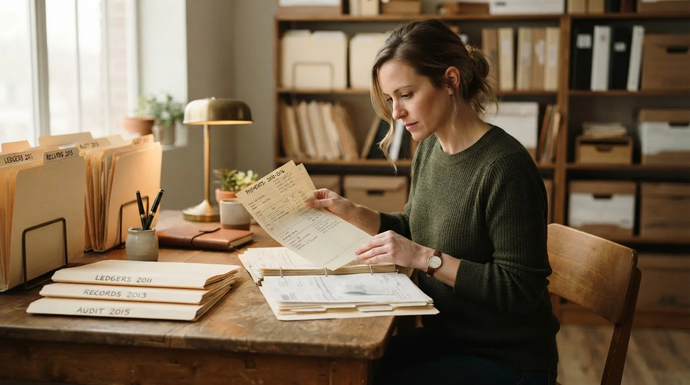 Person reviewing archived payment documents from 2010–2016 in a tidy office setting