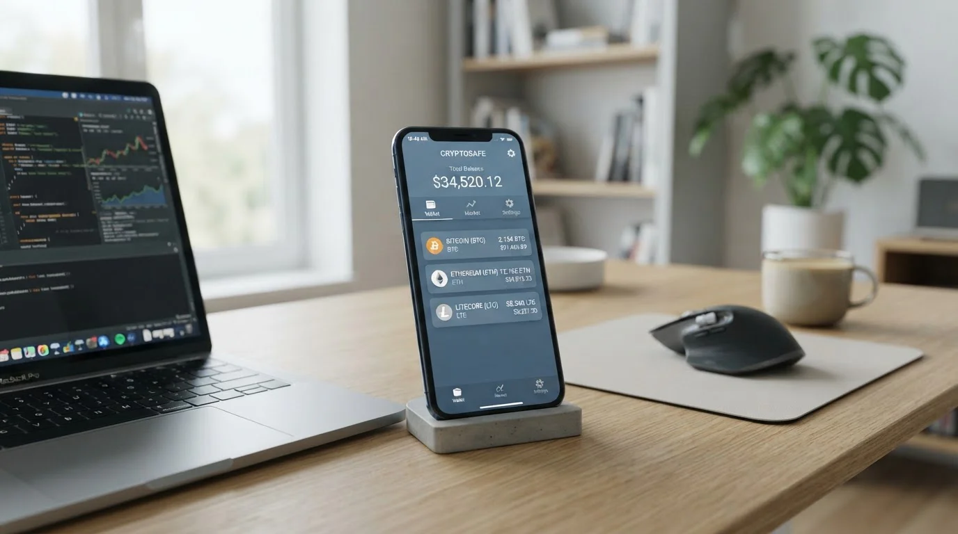 Cryptocurrency wallet interface showing Bitcoin Ethereum Litecoin balances