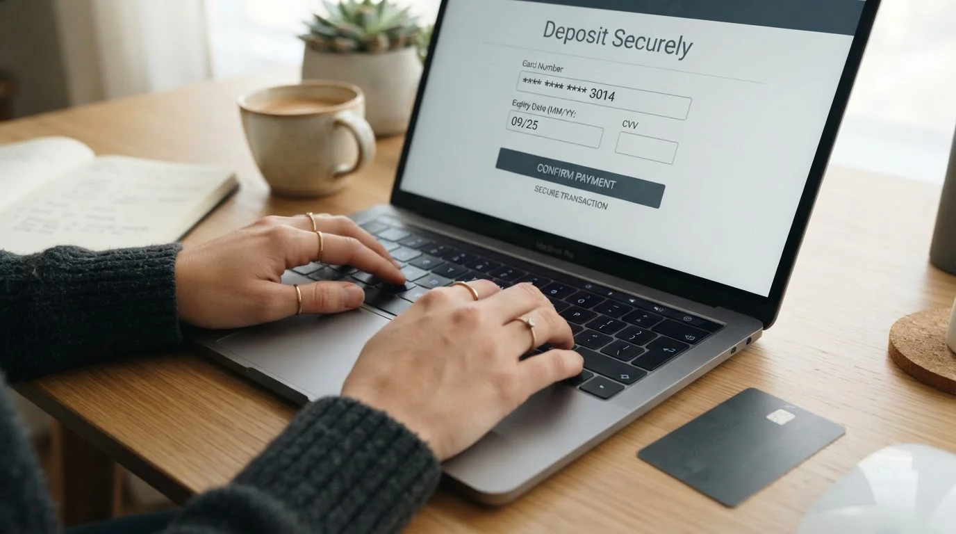 Person entering debit card details at online casino cashier interface