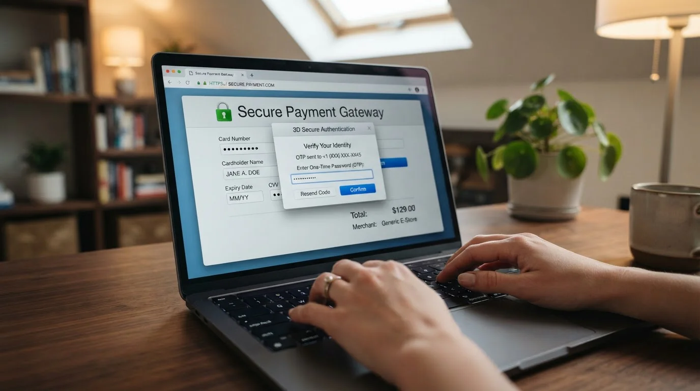 Close-up of person entering debit card details on secure casino payment page with 3D Secure authentication prompt