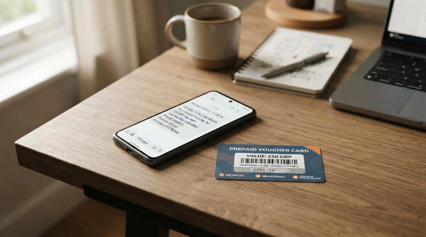Mobile phone showing Boku SMS confirmation with Paysafecard voucher PIN beside smartphone