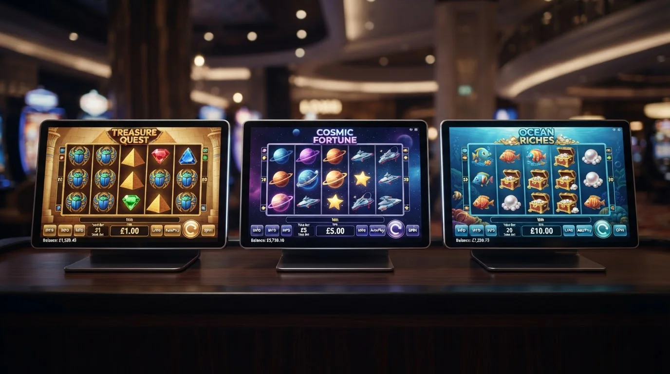 Side-by-side comparison of slot machine interface at £1, £5 and £10 stakes