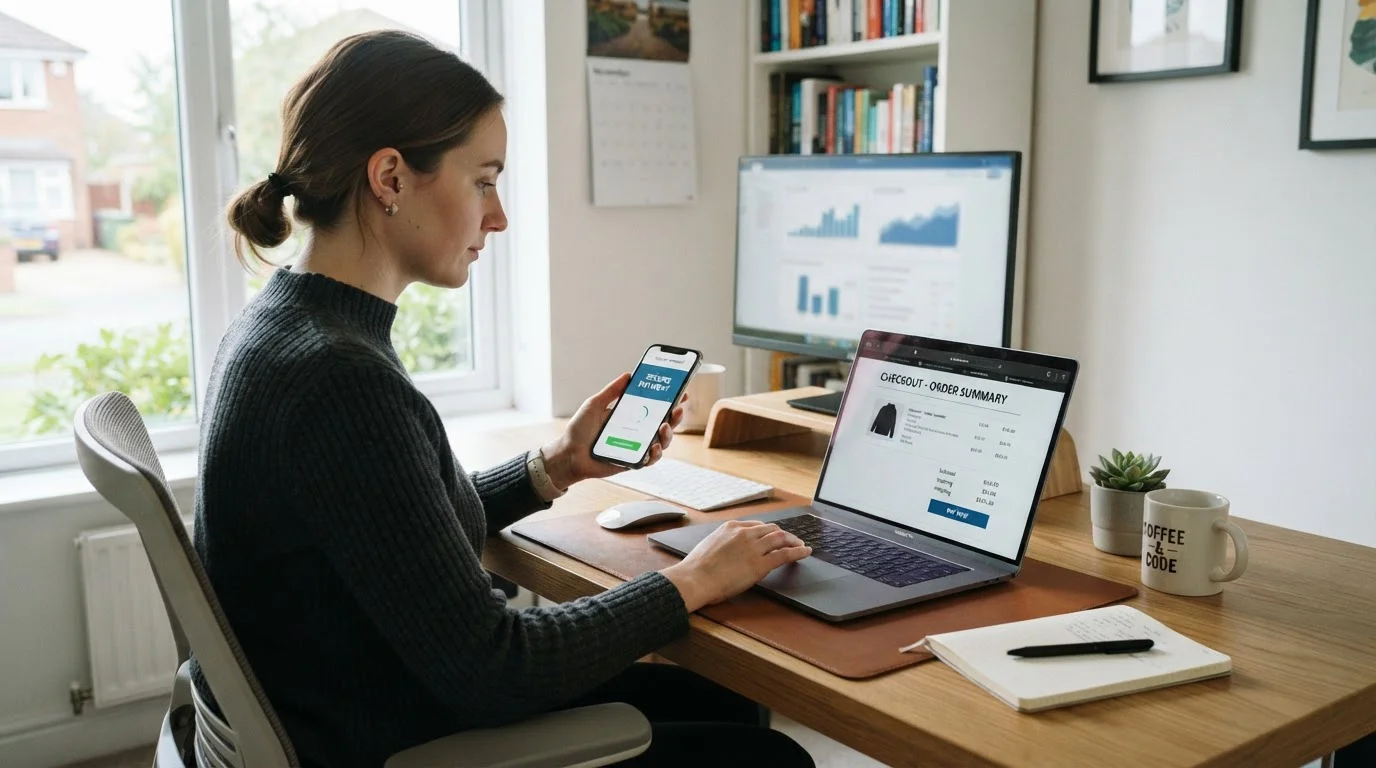 Person at desk completing online casino deposit via smartphone and laptop