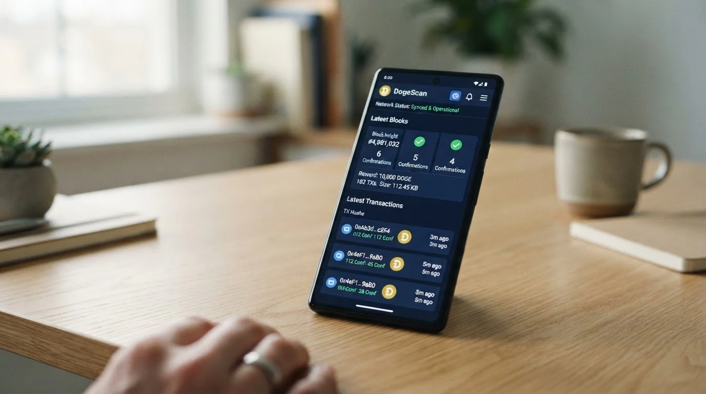 Dogecoin blockchain transaction confirmation screen showing network status